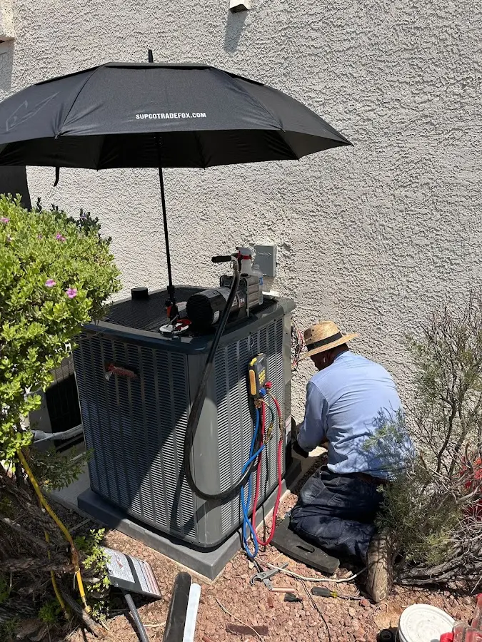 HVAC technician performing outdoor AC maintenance in Johnsburg